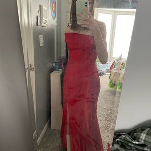 Red sexy prom dress one shoulder slit silk